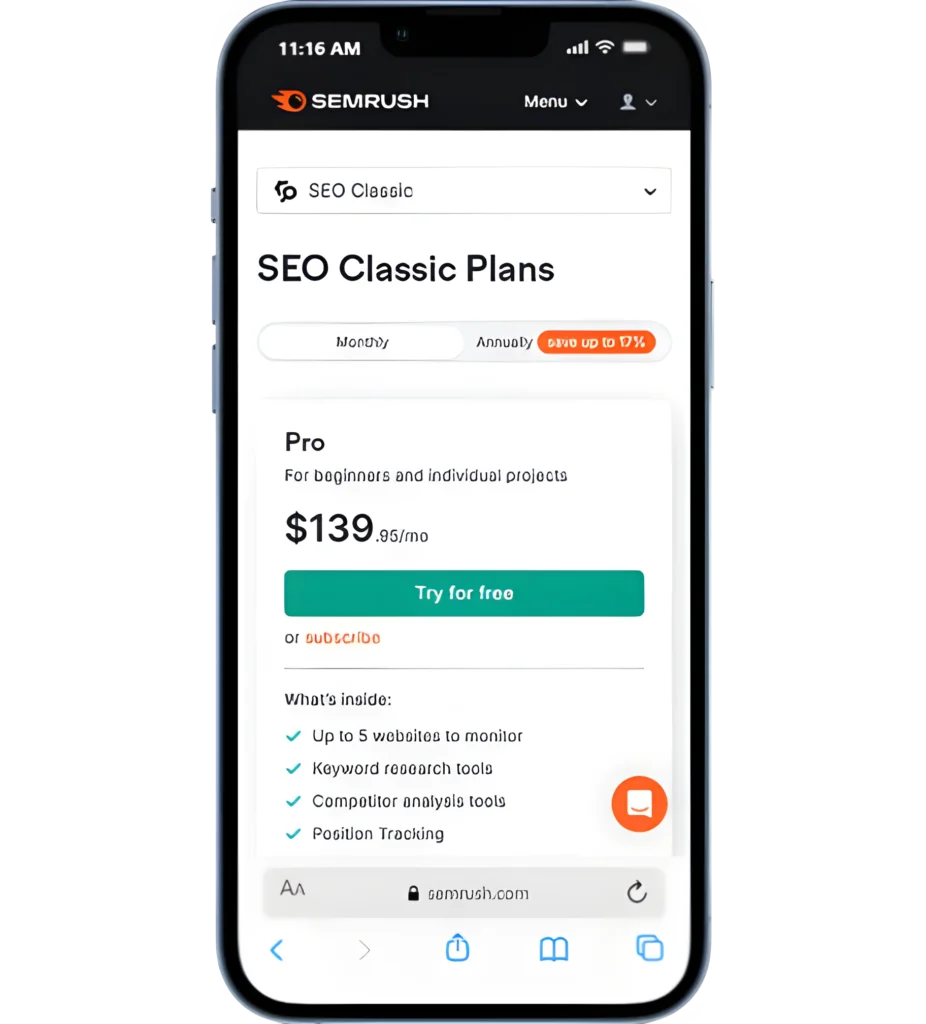 SEMrush Pricing Page